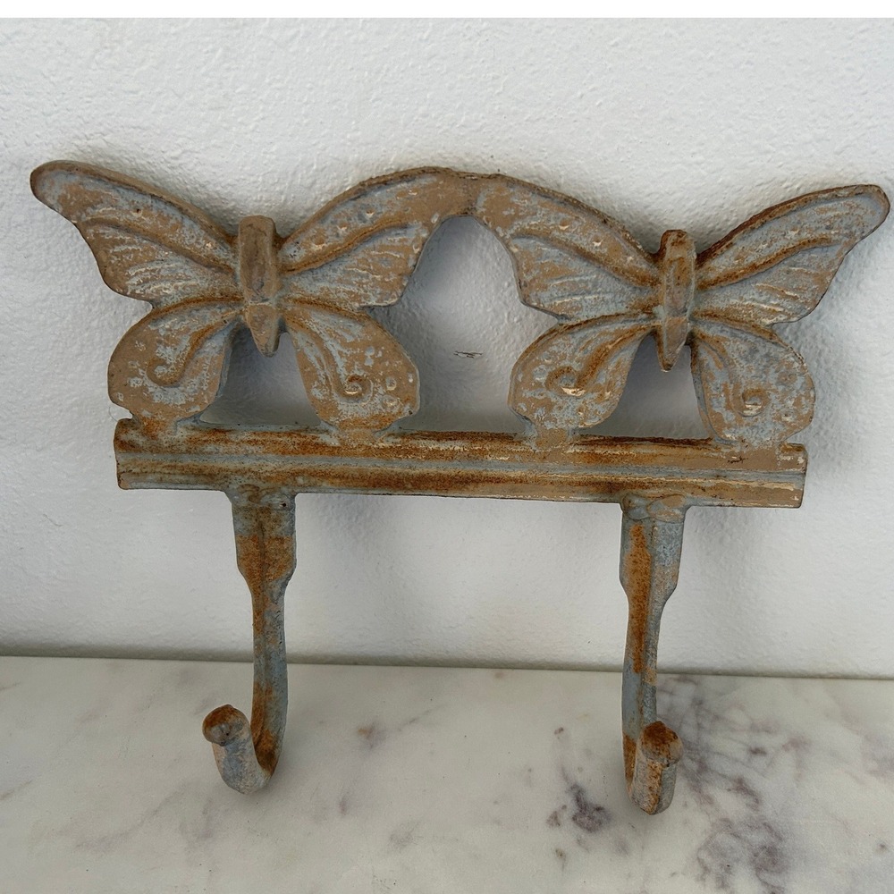 Vintage Rustic Cast Iron Butterfly Double Wall Hook Blue Weathered Finish 8.5"